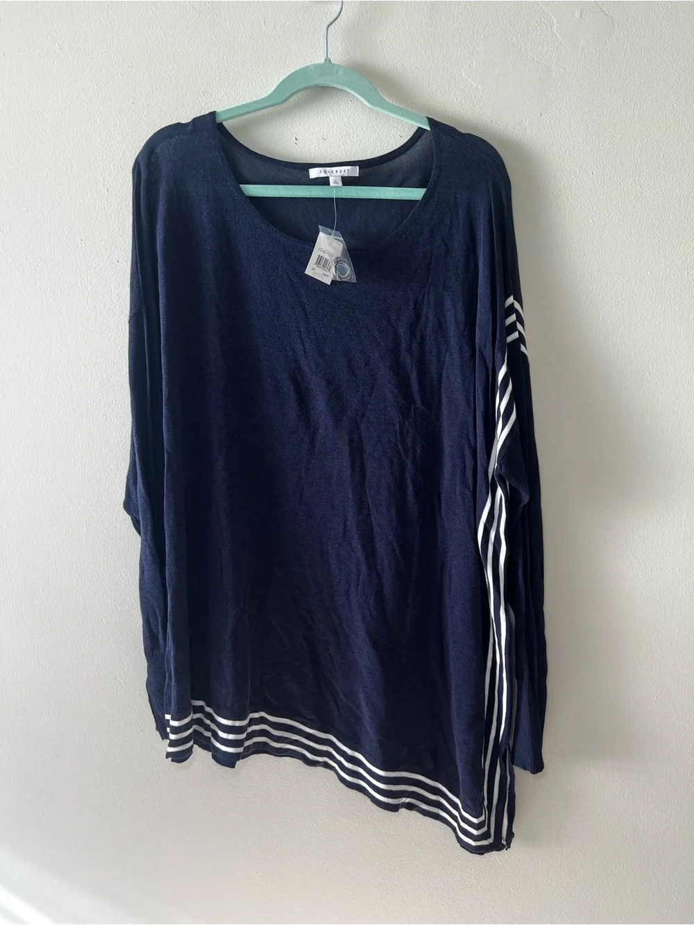 Foxcroft Navy Knit Scoop Neck Long Sleeve Top Diagonal Hem